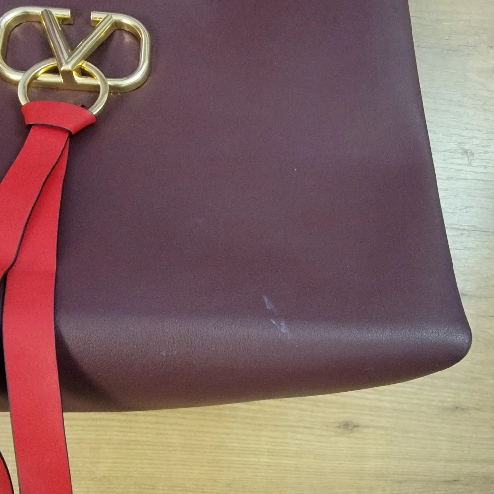 VALENTINO Burgundy Leather V-Ring Tote Bag - Picture 14 of 16